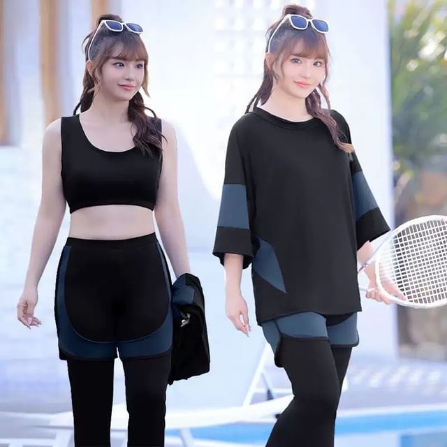 CUCURBIT-Set Plain Tankini Top Two Tone Swim Pants Cover Up