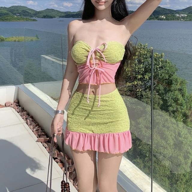 CUCURBIT-Set Tie Front Panel Mesh Bandeau Bikini Top Bottom Ruffle Cover Up Skirt