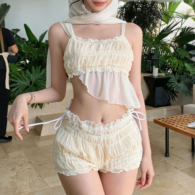 CUCURBIT-Sleeveless Cinched Swim Top Bottom Headscarf Set