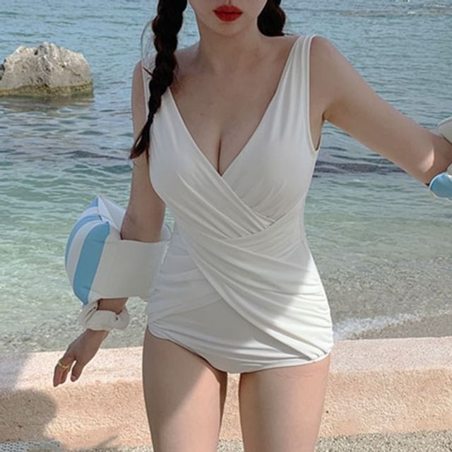 CUCURBIT-V-Neck Plain Ruched Swimsuit