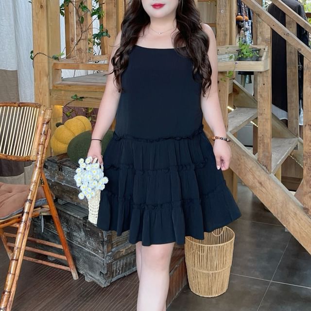 CurveFemme-Plus Size Spaghetti Strap Plain Ruffle Sundress