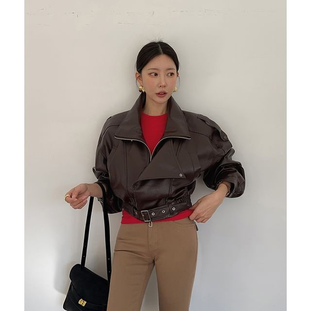 DABAGIRL-Crop Pleather Moto Jacket