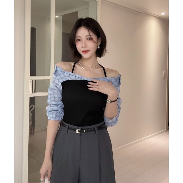 DABAGIRL-Halter Panel Plaid Blouse