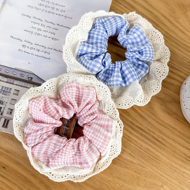 Daeuni-Gingham Lace Trim Rhinestone Scrunchie