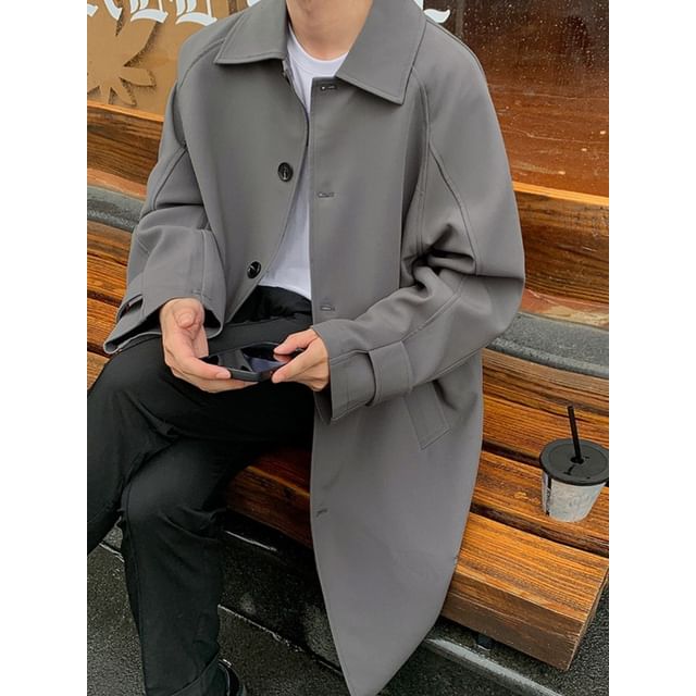Dandyluxe-Collared Double-Breasted Plain Long Trench Coat