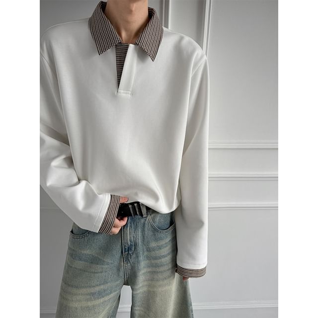 Dandyluxe-Collared Houndstooth Panel Sweatshirt