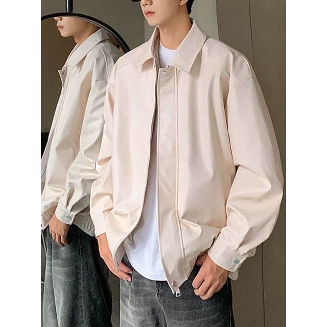 Dandyluxe-Collared Zip-Up Plain Faux Leather Jacket