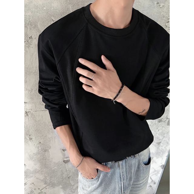 Dandyluxe-Crew Neck Plain Panel Sweatshirt