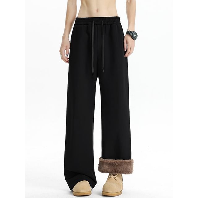 Dandyluxe-Drawstring Waist Plain Fleece Lined Wide Leg Sweatpants