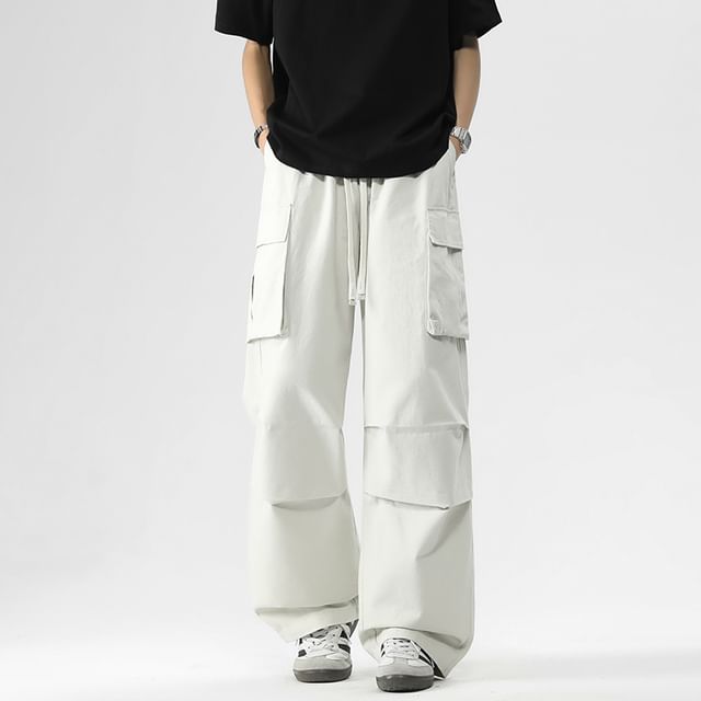 Dandyluxe-Drawstring Waist Plain Wide Leg Cargo Pants