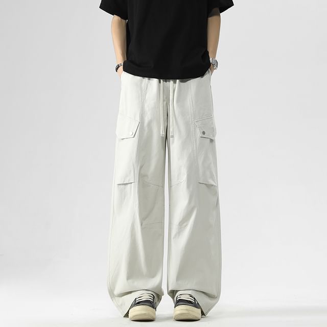 Dandyluxe-Drawstring Waist Plain Wide Leg Cargo Pants