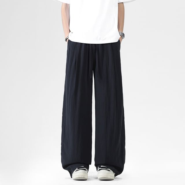 Dandyluxe-Drawstring Waist Plain Wide Leg Pants