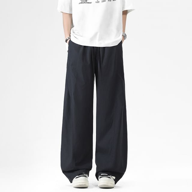 Dandyluxe-Drawstring Waist Plain Wide Leg Pants