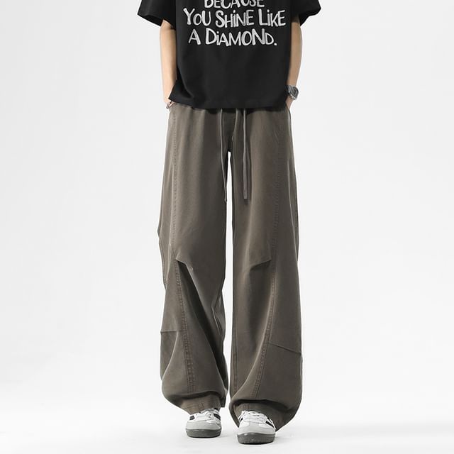 Dandyluxe-Drawstring Waist Plain Wide Leg Pants