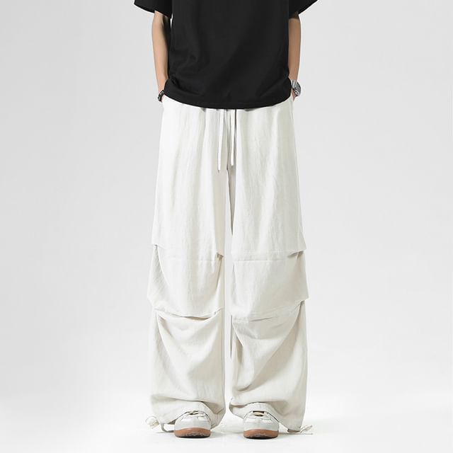 Dandyluxe-Drawstring Waist Plain Wide Leg Pants
