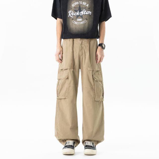 Dandyluxe-Drawstring Waist Washed Wide Leg Cargo Pants