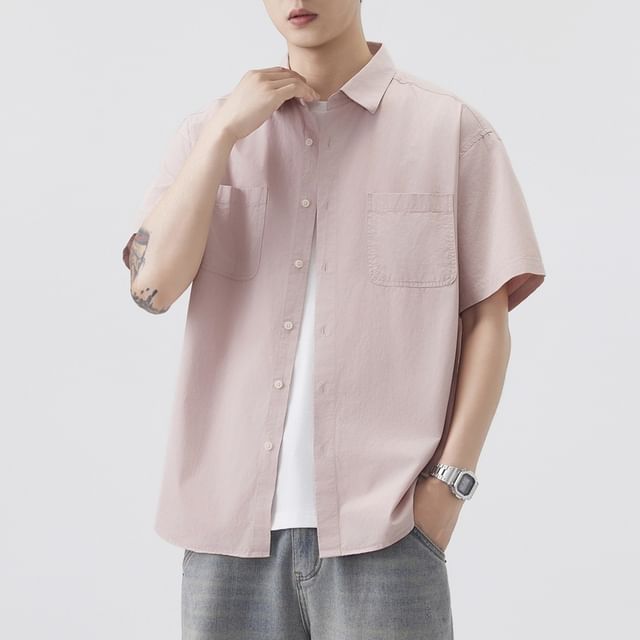 Dandyluxe-Elbow-Sleeve Button-Up Plain Shirt
