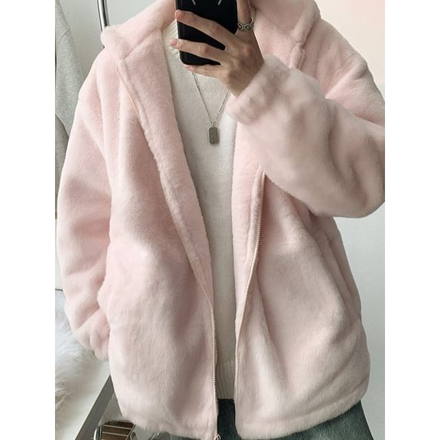 Dandyluxe-Fluffy Zip-Up Plain Hoodie