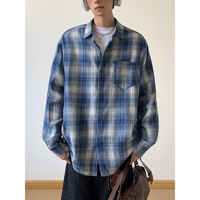 Dandyluxe-Long Sleeve Collared Plaid Shirt