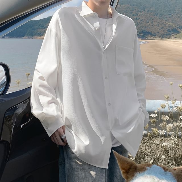 Dandyluxe-Long Sleeve Collared Plain Shirt