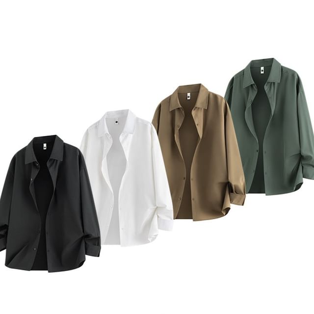 Dandyluxe-Long Sleeve Collared Plain Shirt