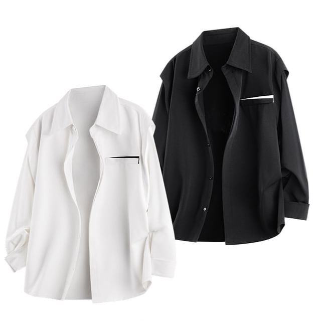 Dandyluxe-Long Sleeve Collared Two Tone Panel Shirt