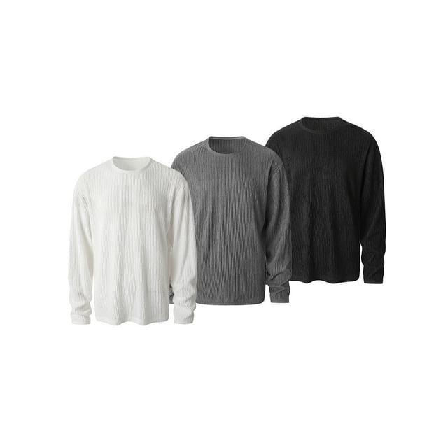 Dandyluxe-Long-Sleeve Crew Neck Plain Ribbed T-Shirt