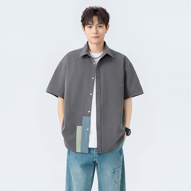 Dandyluxe-Short Sleeve Plain Button-Up Shirt
