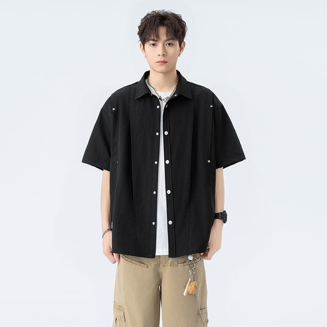 Dandyluxe-Short Sleeve Plain Button-Up Shirt