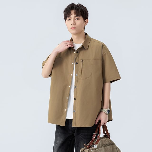 Dandyluxe-Short Sleeve Plain Button-Up Shirt