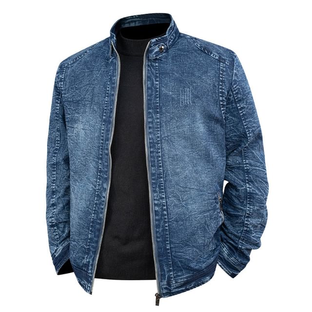 Dandyluxe-Stand Collar Washed Zip-Up Denim Jacket