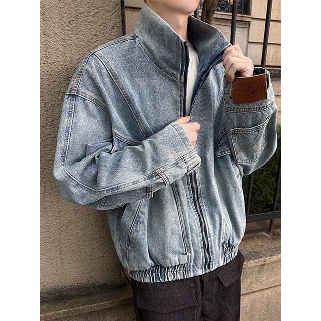 Dandyluxe-Stand Collar Washed Zip-Up Denim Jacket
