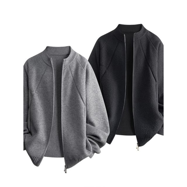 Dandyluxe-Stand Collar Zip-Up Plain Cardigan