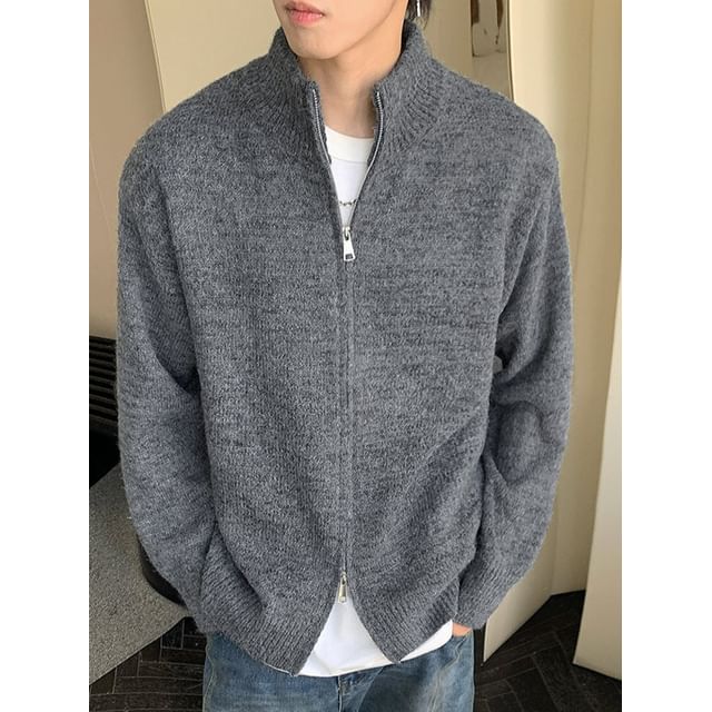 Dandyluxe-Stand Collar Zip-Up Plain Cardigan