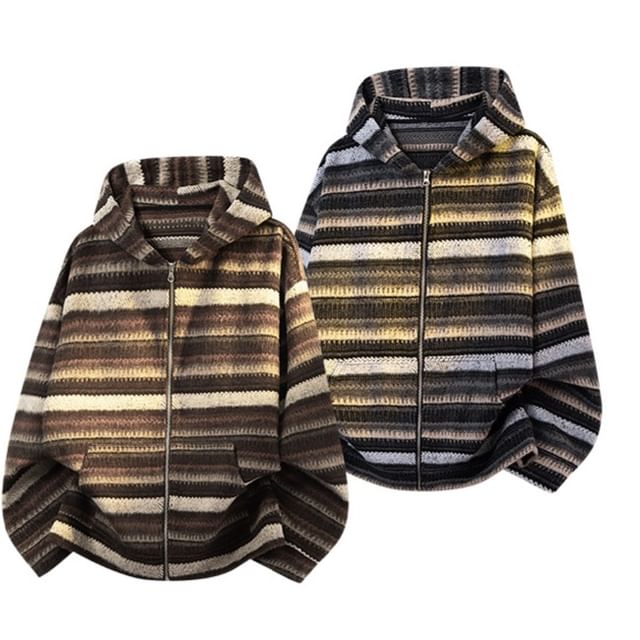 Dandyluxe-Striped Hood Zip Cardigan