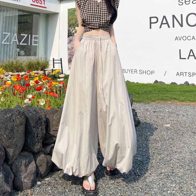 darkroesin - Drawstring Waist Plain Bubble Hem Cropped Culottes
