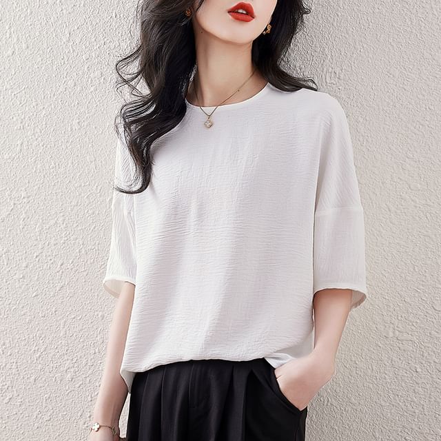 Daybreak-Elbow-Sleeve Crew Neck Plain Blouse