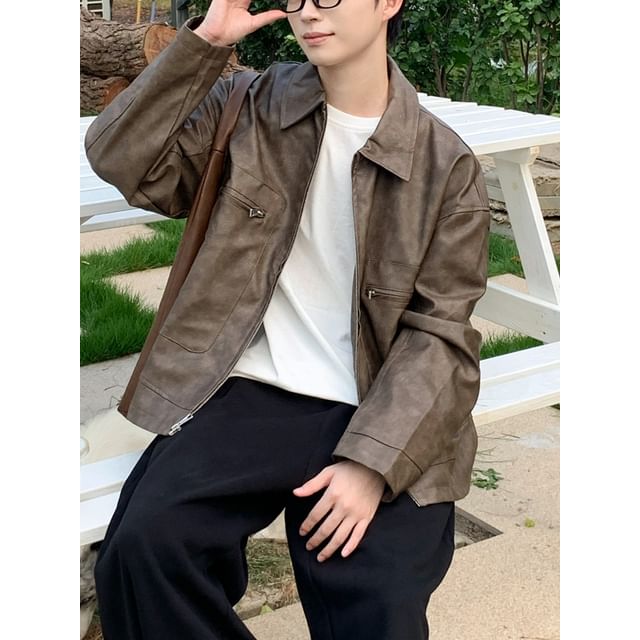 DAZO Studios-Collared Zip-Up Plain Faux Leather Jacket