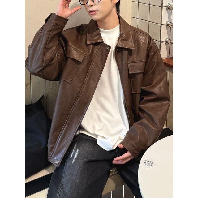 DAZO Studios-Collared Zip-Up Plain Faux Leather Jacket
