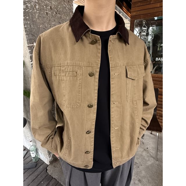 DAZO Studios-Contrast Collar Washed Button-Up Barn Jacket