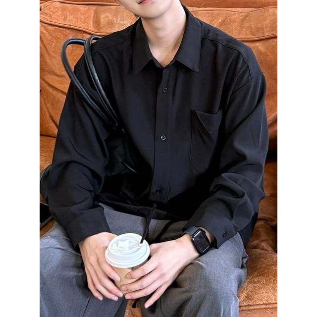 DAZO Studios-Long-Sleeve Drawstring Hem Button-Up Plain Shirt