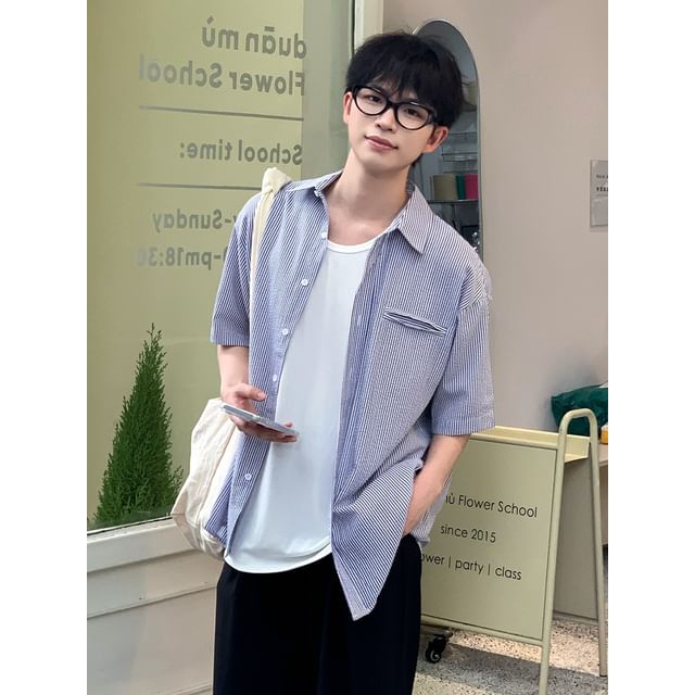 DAZO Studios-Pinstripe Short-Sleeve Light Shirt