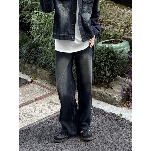 DAZO Studios-Stand Collar Washed Button-Up Denim Jacket Mid Rise Wide Leg Jeans