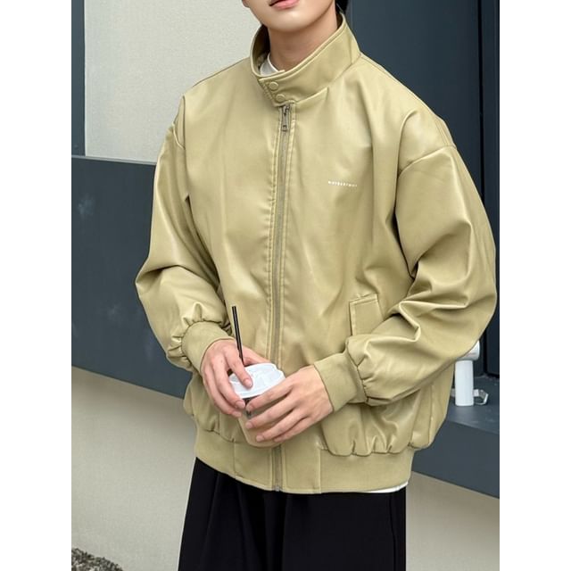 DAZO Studios-Stand Collar Zip-Up Plain Faux Leather Jacket