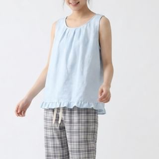 Dazzli-Crew Neck Plain Frill Trim Tank Top