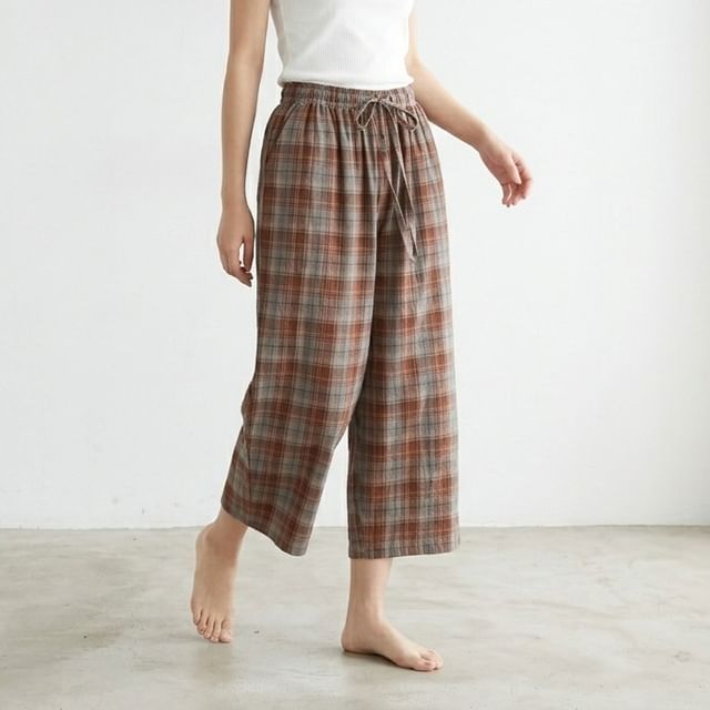 Dazzli-Drawstring Waist Plaid Cropped Pajama Pants