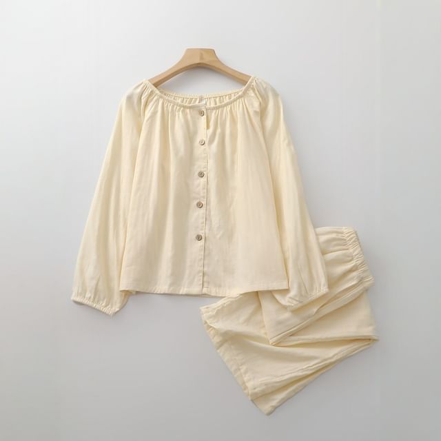 Dazzli-Long-Sleeve Button-Up Plain Top Pants Set
