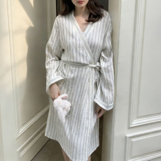 Dazzli-Long-Sleeve Striped Wrap Pajama Robe