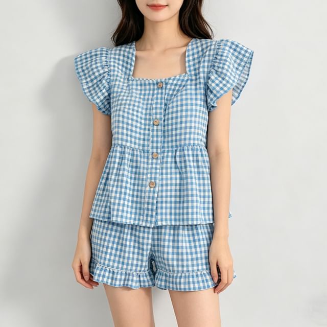 Dazzli-Pajama Set Cap-Sleeve Square Neck Gingham Padded Button-Up Top Shorts Pants