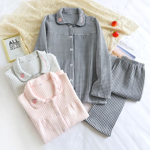 Dazzli-Pajama Set Long-Sleeve Collar Gingham Button Top Pants